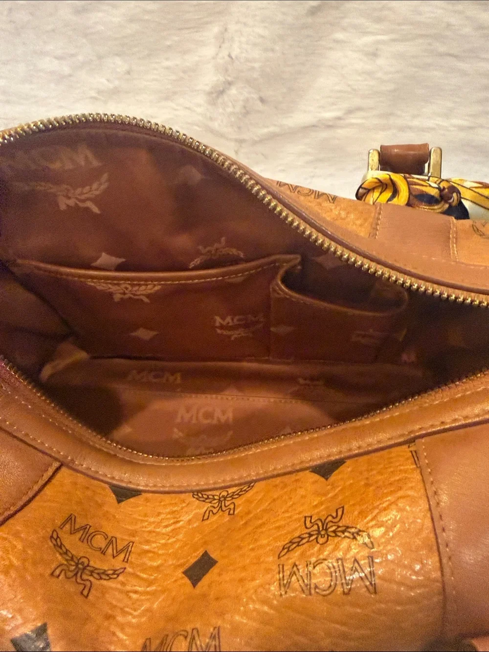 MCM Cognac Monogram Visetos Satchel with Gold Charms
